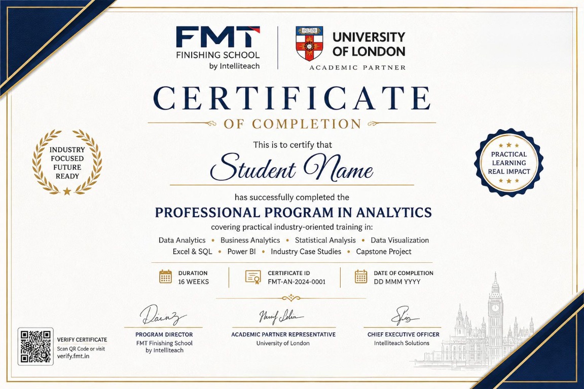FMT Analytics Career Accelerator sample certificate