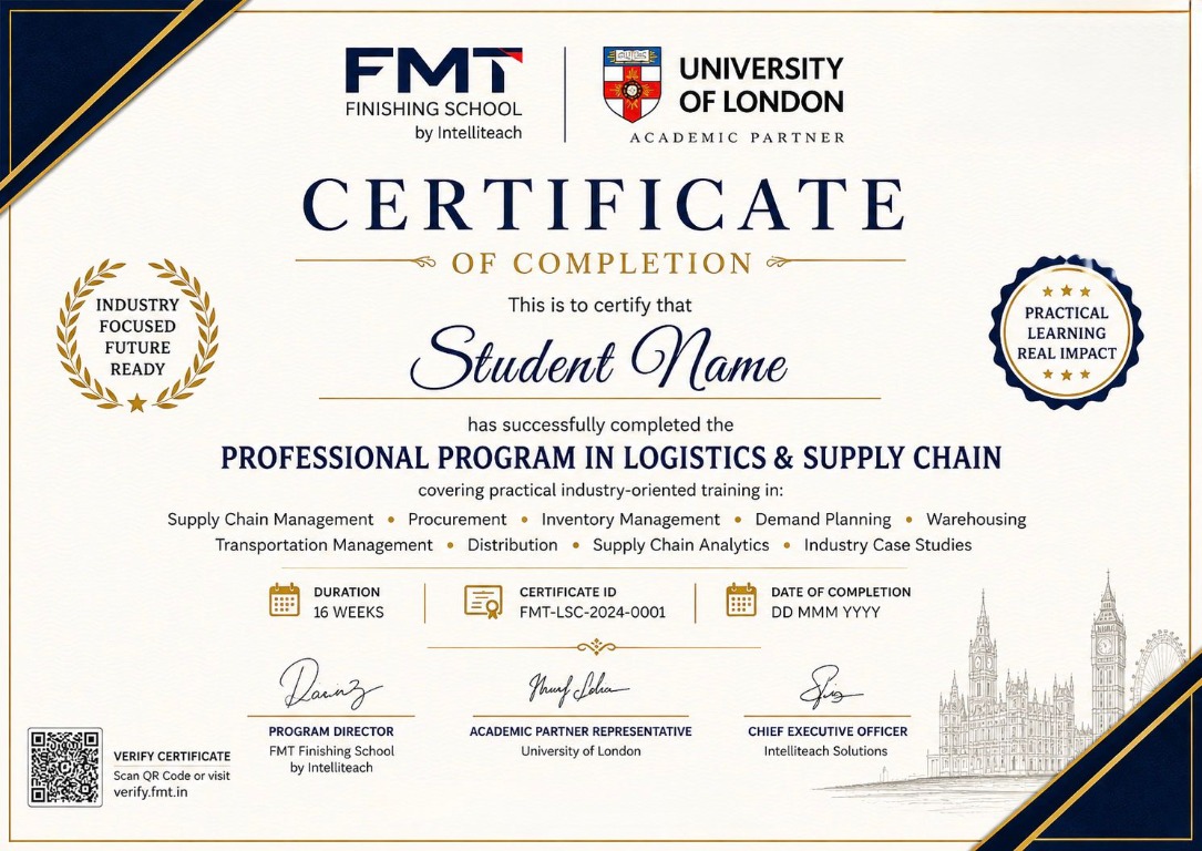 FMT Logistics & Supply Chain Career Accelerator sample certificate